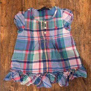 Ralph Lauren Girls Plaid Ruffle Hem Short Sleeve Top - Blue Pink Green